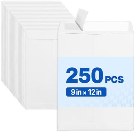 SUNEE 9 x 12 Catalog Envelopes Self Seal, Security Mailing Envelopes, 28lb White Paper, Ultra Strong Quick-Seal for Documents, Office & Business Use, 250 Pack by SUNEE