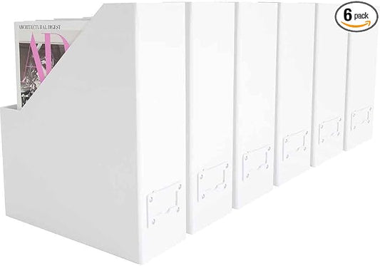BLU MONACO Set of 6 Foldable White Magazine File Holders | Vertical Desk File Organizer Boxes With Leather Label Holders | Stylish Cardboard Magazine Storage for Shelves, Workspace and Home Office by Blu_Monaco