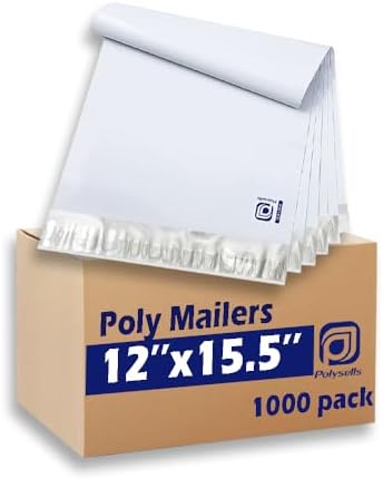 POLYSELLS 1000 pcs 12x15.5 Inches White x Silver Poly Mailers Shipping Envelopes, Strong Adhesive Sealing, Waterproof, and Tear-resistant Postal Mailing Bags for Clothing and Accessories by POLYSELLS