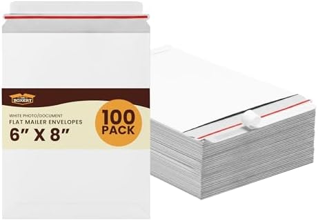 The Boxery White Flat Photo/Document Mailer Envelopes with Peel & Seal Closure-(100 Pack) 6 inch x 8 inch Stay Flat Cardboard Ridgid Mailers by TheBoxery