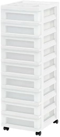 9-Drawer Slim Plastic Storage Cart with Divided Organizer Top, Mobile Rolling Storage Unit on Casters for Office, Bedroom, Craft Room, White (14.4”L x 12.2”W x 37.9”H) - Image 9