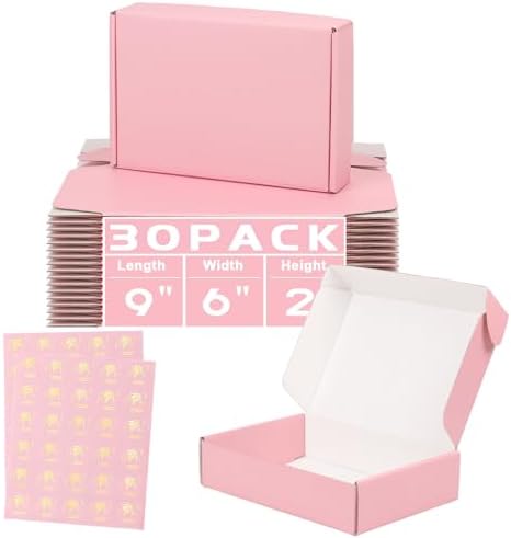 30 Pack 9x6x2 in Corrugated Shipping Boxes Small, Pink Shipping Mailing Boxes for Packaging, Recyclable Cardboard Box Mailers Small Business by DERZIFUN