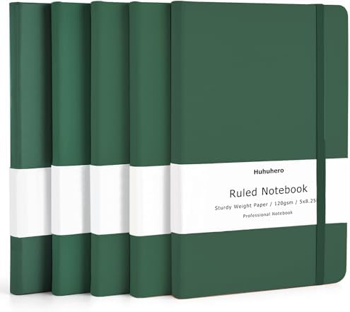 5 Pack Lined Notebook Journals, A5 Hardcover Green Journals for Writing by Huhuhero