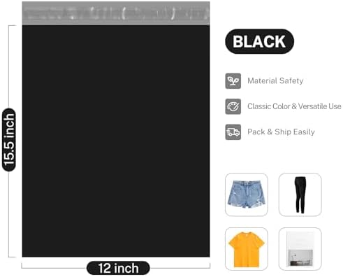 Metronic Poly Mailers 12X15.5 500 Pack, Self Seal Shipping Bags for Clothing, Waterproof and Tear-Proof Shipping Envelopes for Business, Mailers Poly Bags Packaging Bags, Black - Image 2