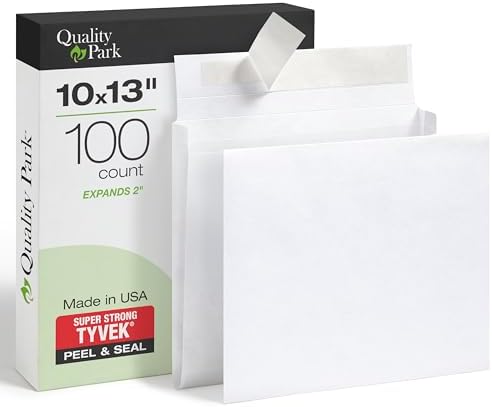 Quality Park Tyvek Envelopes, 100 Pack, Large 10 x 13 Mailers, 2 Inch Expansion, Rip, Puncture & Water Resistant Self Sealing Mailing Bags for Lightweight Shipping, White by Quality+Park