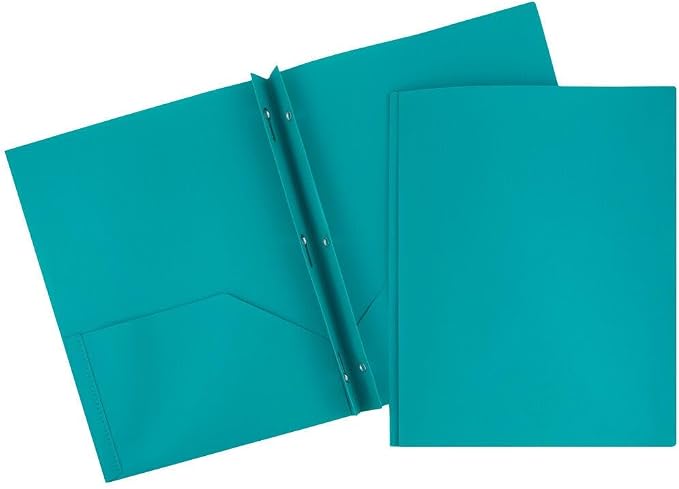 JAM PAPER Plastic 2 Pocket POP Folders - Durable School Folders with Metal Prongs Fastener Clasps - Teal Blue - 12/Pack by JAMPaper