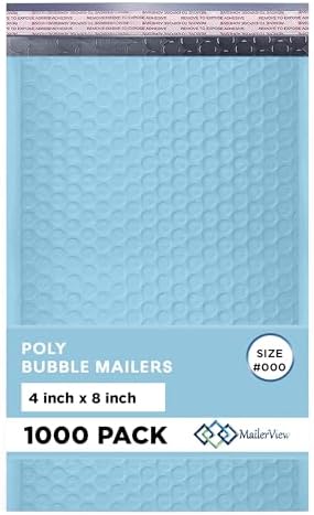 Light Blue Bubble Mailers 4x8, Poly Padded Envelopes #000, 1000 Pack by MAILERVIEW