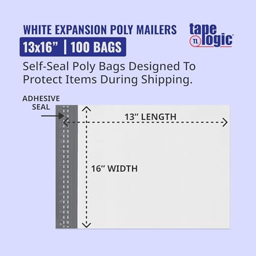 Tape Logic White Expansion Poly Bag Mailer, 13"L x 16"W, Pack of 100 | Self-Sealing Durable Plastic Envelope for Secure Shipping, Packaging, & Storage, Ideal for Personal & Small Businesses, 13x16 - Image 2