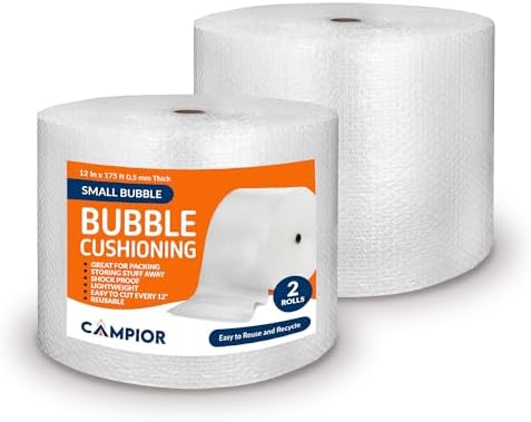 Campior Small Bubble Cushioning Wrap for Moving and Shipping - 175 Ft Bubble Packing Wrap for Packaging Boxes and Mailers, Clear Bubble Roll Moving Supplies, Perforated Every 12 inches, Pack of 2 by Campior