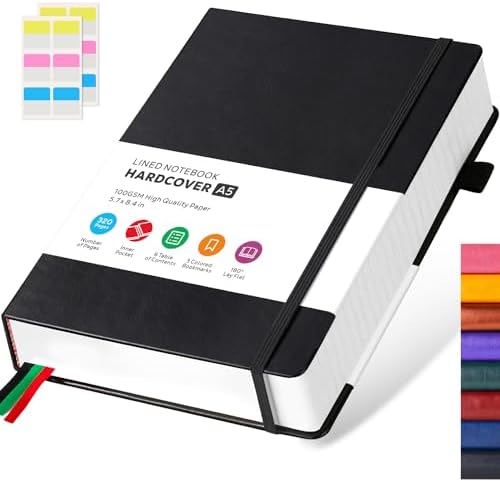 Hardcover Lined Notebook Journal for Writing, 320 Pages Leather Thick College Ruled Notebook Journal with 100GSM Paper, A5 (5.7'' X 8.4'') Daily Journal for Women Men Work Organization, Black by FOCUSDAY