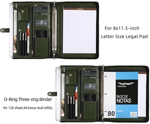 Green Leather Padfolio for Women/Men, Business 3 Ring Portfolio Binder, Personalized Zippered Organizer for A4 Notepad & 13-inch Laptop/Tablet - Image 7