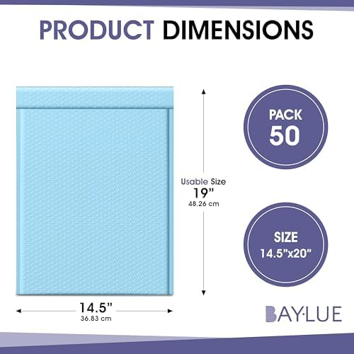 Light Blue Bubble Mailers 14.25x20, Poly Padded Envelopes #7, 50 Pack - Image 2