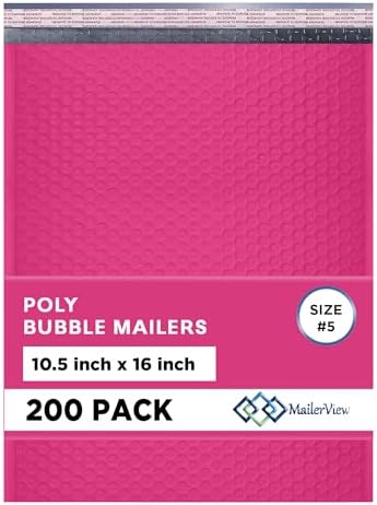 Hot Pink Bubble Mailers 10.5x16, Poly Padded Envelopes #5, 200 Pack by MAILERVIEW