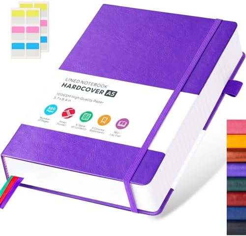 FOCUS DAY Lined Journal Notebook, 320 Pages Leather Hardcover Thick A5 College Ruled Thick Classic with Pen Loop, for Writing Women Men Office Work, 5.7'' X 8.4'', Pearlescent Purple by FOCUSDAY