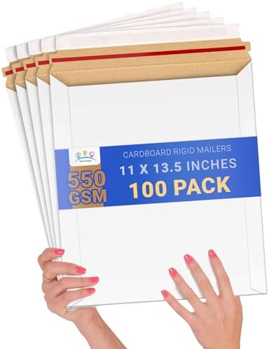 ABC PACK & SUPPLY Rigid Mailers 11 x 13.5 Inch, White Cardboard Envelopes, Self Seal Tear Strip, 550 GSM Paperboard, Stay Flat Design, Pack of 100 by ABCPackSupply%C2%AE