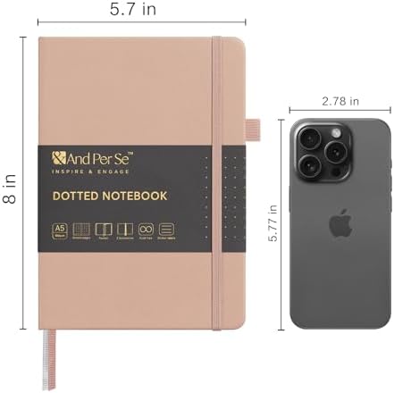 &And Per Se Dotted Journal Notebook, A5 Hardcover Leather Dotted Journal, 160 Pages 100gsm Thick Dot Grid Paper, 3 Sheets of Stickers Included - 5.7'' x 8'' (Apricot) - Image 2