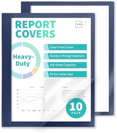 Heavy-Duty Report Covers with 3 Prongs, 100-Sheet Capacity, Navy, 10 Pack by Binditek