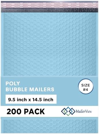 Light Blue Bubble Mailers 9.5x14.5 Poly Padded Envelopes #4 200 Pack by MAILERVIEW
