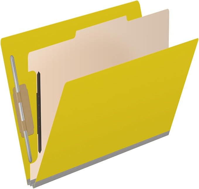 25 Pt. Pressboard Classification Folders, Full Cut End Tab, Letter Size, 1 Divider, Yellow (Box of 10) - Image 2