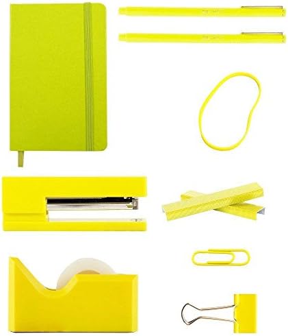 JAM PAPER Complete Desk Kit - Yellow - Stapler, Tape Dispenser, Staples, Journal, Le Pens, Rubber Bands, Paper Clips & Binder Clips - 8/Pack - Image 2