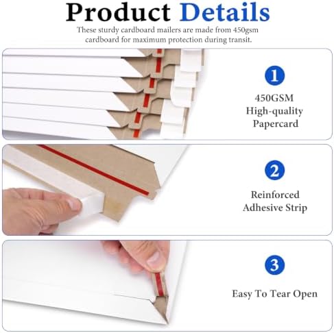 Packbabol 50 Pack White Rigid Mailers, 9"x12" Self Seal Document Mailer Stay Flat Cardboard Mailers Shipping Envelopes for Mailing Semi-Rigid and CD,Photos，Document - Image 3