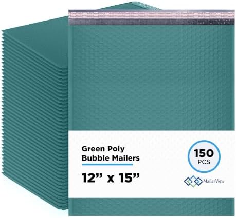 Green Bubble Mailers 12x15, Self Seal Poly Padded Envelopes, 150 Pack Bulk by MAILERVIEW