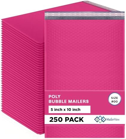 Hot Pink Bubble Mailers 5x10, Self Seal Poly Padded Envelopes #00, 250 Pack by MAILERVIEW