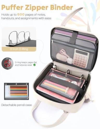 Puffer Zipper Binder 3 Ring with Pencil Pouch, 3" D-ring Binder with Zipper and Shoulder Strap, 600+ Sheets Capacity Zip Up Binder with 15.6" Laptop Pocket, Binder Bag for School College Office, Beige - Image 2