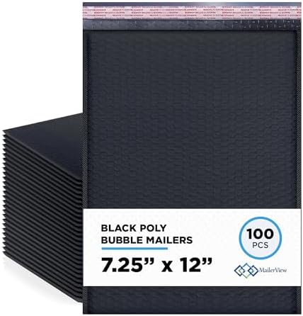 Black Bubble Mailers 7.25x12, Self Seal Poly Padded Envelopes #1, 100 Pack by MAILERVIEW