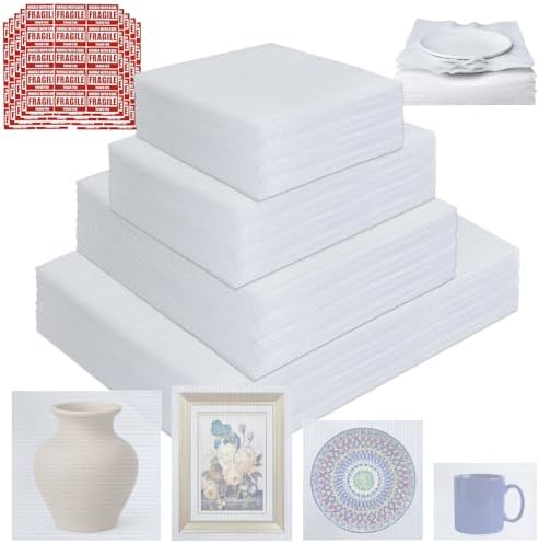 350 Pcs Dish Packing Supplies for Moving, 250 Cushion Foam Pouches(4 Sizes 16x12'',12x12'',12x8'',8x8'') and Foam Sheets(12x12'') with 100 Fragile Stickers for Packing,Storage,Shipping by FENYUAN
