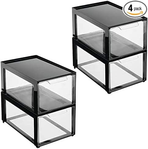 mDesign Plastic Desk Organizer and Storage Bin w/Pull Out Drawer - Stackable Office Storage Container for Office Supplies - Desktop Drawer Organizer - Lumiere Collection - 4 Pack - Black/Clear by mDesign