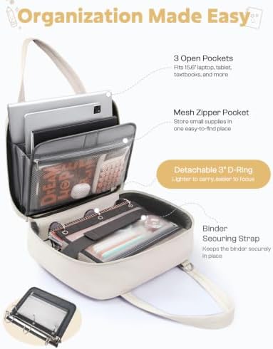 Puffer Zipper Binder 3 Ring with Pencil Pouch, 3" D-ring Binder with Zipper and Shoulder Strap, 600+ Sheets Capacity Zip Up Binder with 15.6" Laptop Pocket, Binder Bag for School College Office, Beige - Image 4