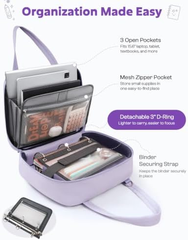 Puffer Zipper Binder 3 Ring with Pencil Pouch, 3" D-ring Binder with Zipper and Shoulder Strap, 600 Sheets Capacity Zip Up Binder with 15.6" Laptop Pocket, Binder Bag for School College Office, Purple - Image 6