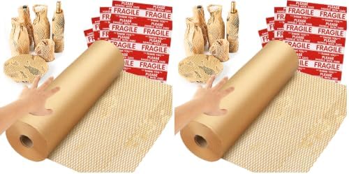 Honeycomb Packing Paper Wrap 15''x328', Substitute Alternative for Bubble Cushioning Wrap for Moving Shipping Packaging, Recyclable Moving Supplies with 48 Fragile Sticker Labels (Pack of 2) by NAPALOOK