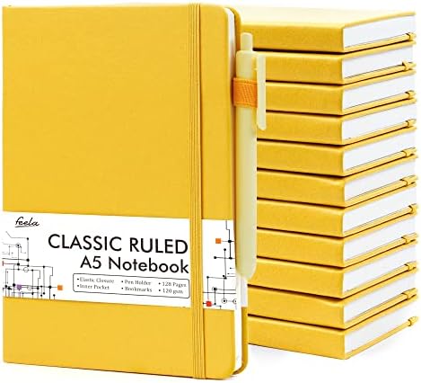12 Pack Notebooks Journals Bulk with 12 Black Pens, Feela A5 Hardcover Notebook Classic Ruled Journal Set with Pen Holder for School Business Work Travel Writing, 120 GSM, 5.1”x8.3”, Yellow by feela