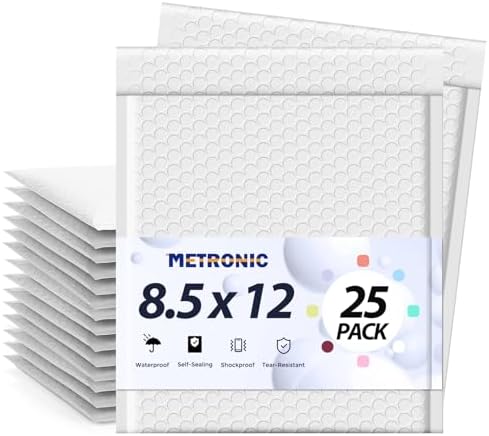 METRONIC Bubble Mailers 8.5x12" Padded Envelopes White 25 Pack Self Seal by METRONIC