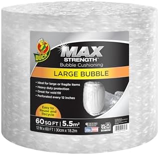 Duck Max Strength Bubble Cushioning Wrap for Moving & Shipping, 60 ft Large Bubble Packing Wrap, Heavy-Duty Protection, Mailing & Packaging Boxes, Clear Roll Moving Supplies, Perforated Every 12 in by DuckBrand