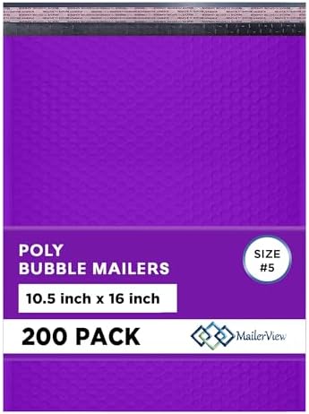 Purple Bubble Mailers 10.5x16 Self Seal Poly Padded Envelopes #5, 200 Pack by MAILERVIEW
