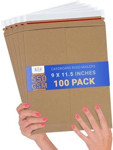 ABC PACK & SUPPLY Rigid Mailers 9 x 11.5 Inch, Brown Cardboard Envelopes, Self Seal Tear Strip, 550 GSM Paperboard, Stay Flat Design, Pack of 100 by ABCPackSupply%C2%AE