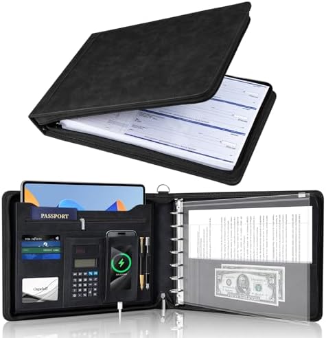 Ospelelf Black Zippered 7 Ring Check Binder for Business Checks (9" x 13"), 1 Inch Faux Leather Checkbook Portfolio with Zipper Pouch, Professional Binder Organizer for Accountants, Home Use by OspelelfOfficeSupplies