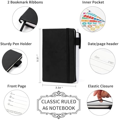 feela 15 Pack Pocket Small Notebooks Bulk, Mini Cute Notepads Hardcover College Ruled Lined Journals with Pen Holder for School Business, with 15 Black Pens, 3.5”x 5.5”, A6, Black Navy Dark Green - Image 2