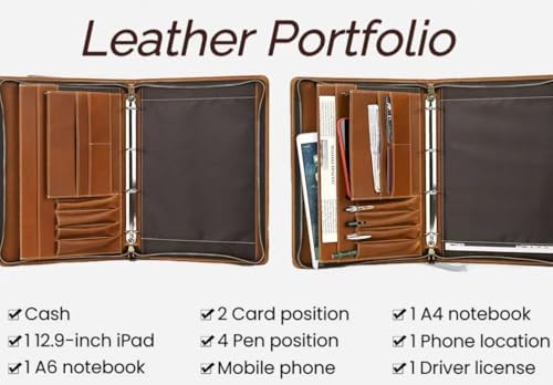 Zippered Padfolio Organizer, Leather Planner Binder, 12.9 Inch Portfolio Folder for Documents, Letter Size Business Card Tablet Document Holder for Men&Women, Brown - Image 5