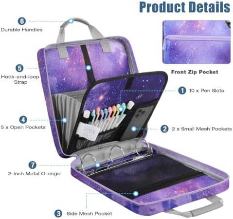 MoKo Zipper Binder, 2 inch 3 Ring Binder with 500 Sheet Capacity Multi-Pocket School Bag with Padded Shoulder Strap Handle, School Supplies Organizer for Middle Student, Star Purple - Image 3