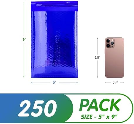 Metallic Bubble Mailers 5 x 9 Inch Blue, Self Seal Closure, 3/16 Inch Cushioning, Padded Shipping Envelopes Pack of 250 - Image 2