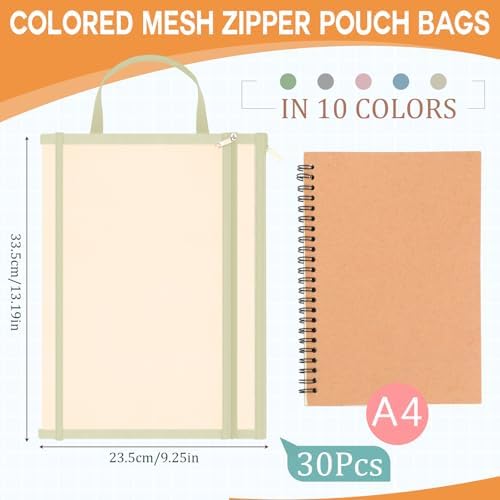Marspark 30 Pack Classic Color Mesh Zipper Pouch Bags A4 Nylon Organizing Bags Breathable See Through Zipper Pouch with Handle for Office Games - Image 2