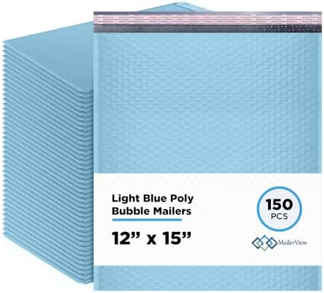 Light Blue Bubble Mailers 12x15, Self Seal Poly Padded Envelopes, 150 Pack by MAILERVIEW