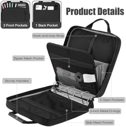MoKo Zipper Binder, 3 Inch 3 D Ring, 5 Tab File Folders, 700 Sheets, Black - Image 3
