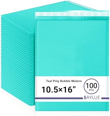 Teal Bubble Mailers 10.5x16, Poly Padded Envelopes #5, 100 Pack Bulk by BAYLUE