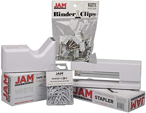 JAM PAPER Office Starter Kit - White - Stapler, Tape Dispenser, Paper Clips & Binder Clips - 4/Pack by JAMPaper