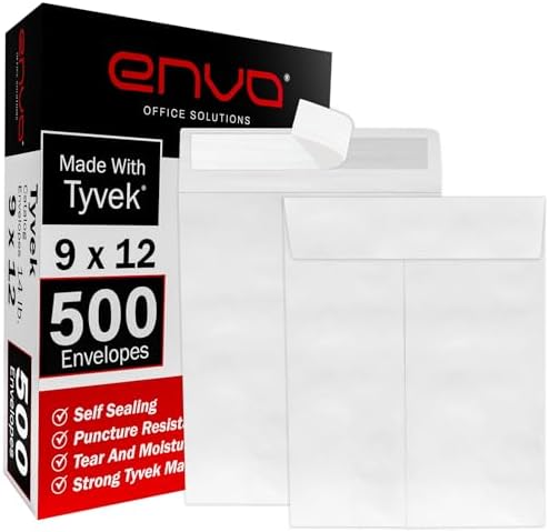 9 x 12 Envelopes, Tyvek Envelopes 9x12, Catalog Envelopes 9x12, Self Sealing Closure, Tyvek Material, 14 lb., Puncture, Tear & Moisture Resistant (500 Pack) by Unknown